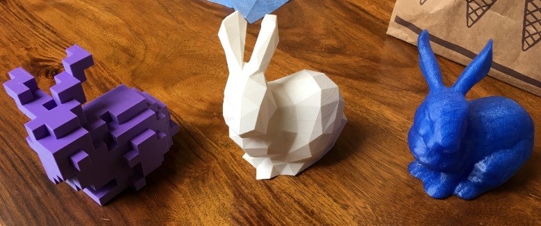 Three PLA Rabbits with different resolution settings